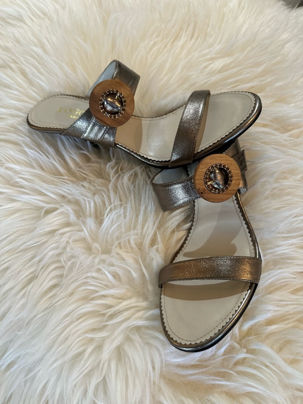 Rangoni Metallic Pewter Heels with Wood Accent 8 NWOT